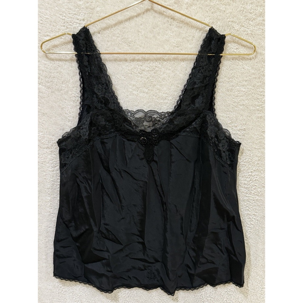 Vintage Christian Dior Black Lace Trim Satin Camisole Size Medium Logo Coquette